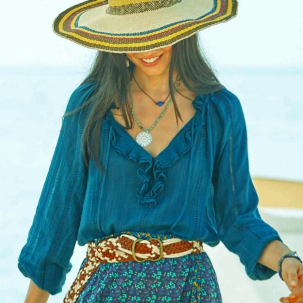 EVERYTHING $10- Sundance Catalog Artists Top Deep Sea Ruffled XS NEW